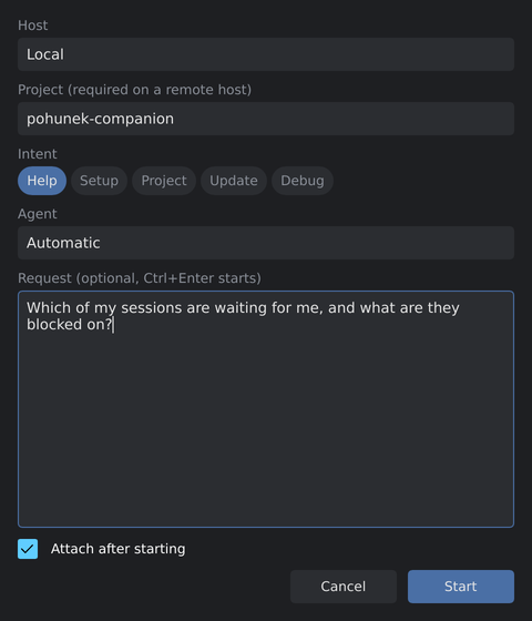 Assistant dialog with request and intent fields