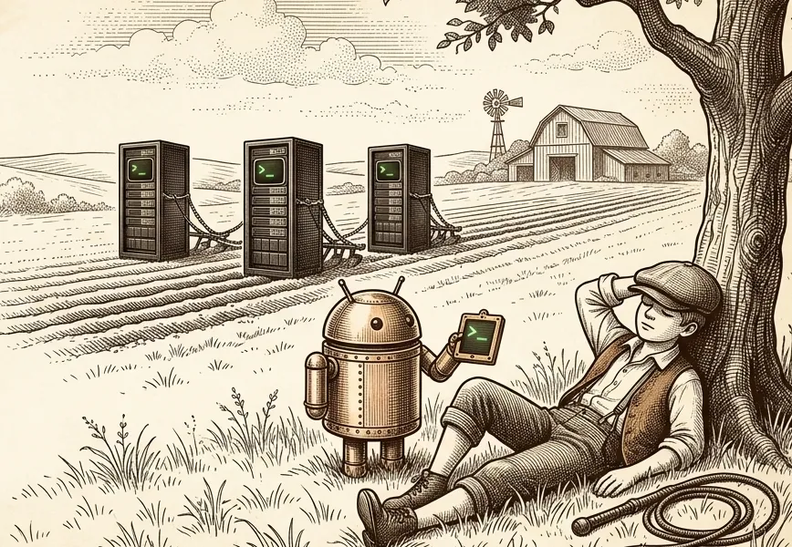 Engraving: the farmhand naps under a tree with his whip put aside, while a small copper Android robot holds up a screen and keeps watch over three server cabinets plowing the field on their own.