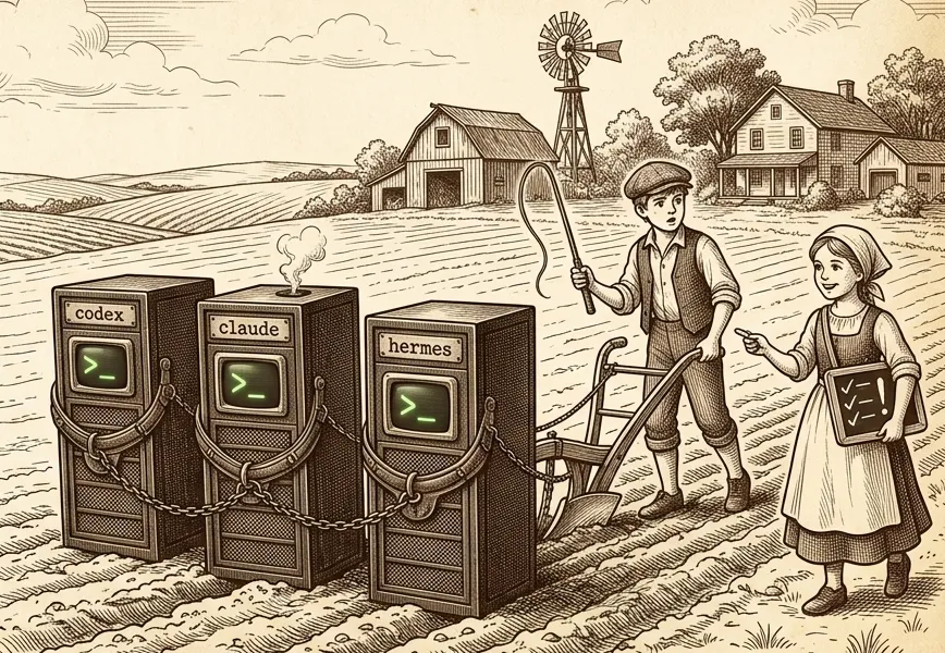 Engraving: the farmhand steers a plow pulled by three server cabinets labelled codex, claude and hermes. A farm girl with a chalk slate of ticks and one exclamation mark points at the claude cabinet, which has stopped in the furrow with steam rising from it.