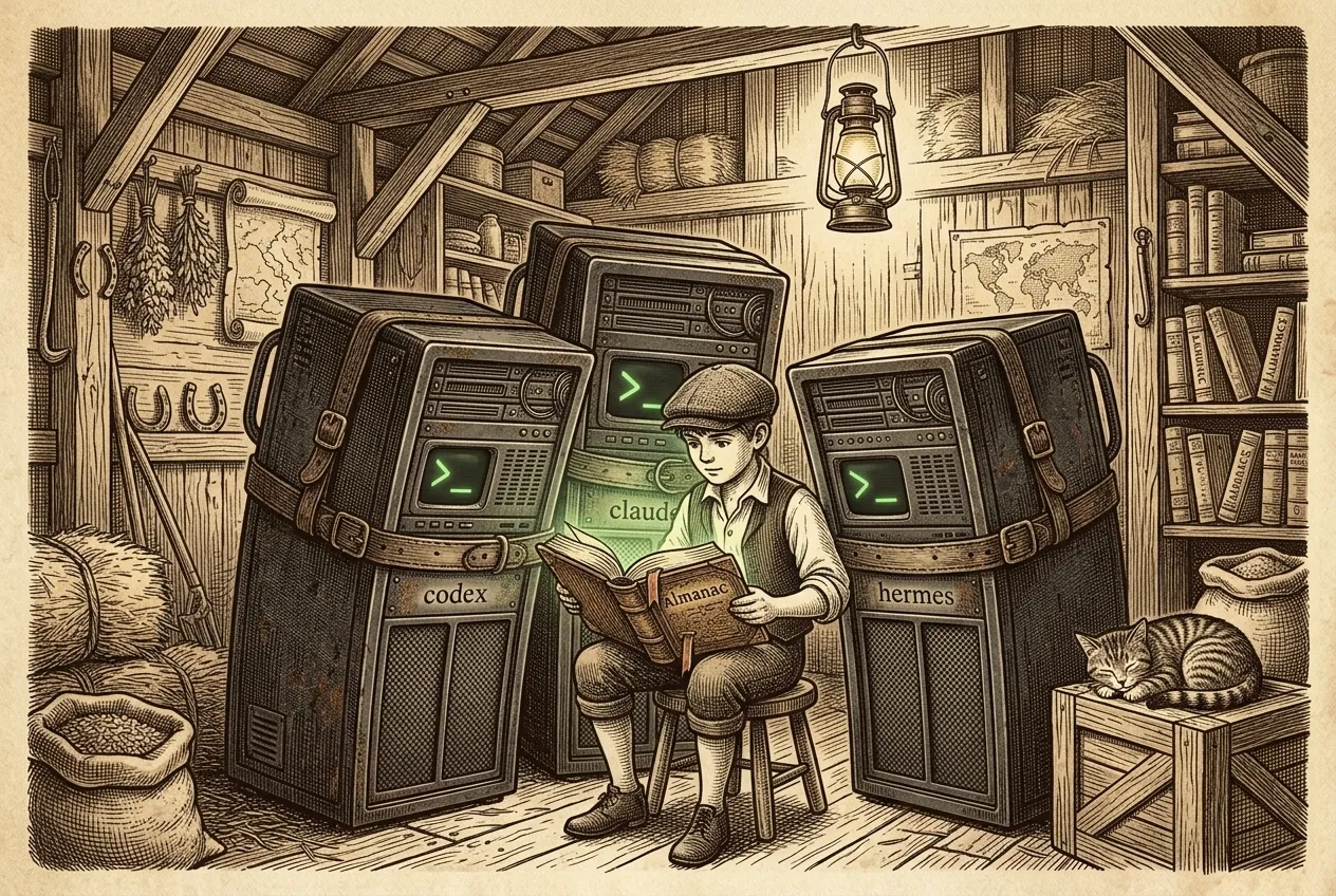 Engraving: by lantern light in the barn the farmhand reads a thick almanac while the codex, claude and hermes cabinets lean over his shoulders, their green screens lighting the pages; a cat sleeps on a crate.