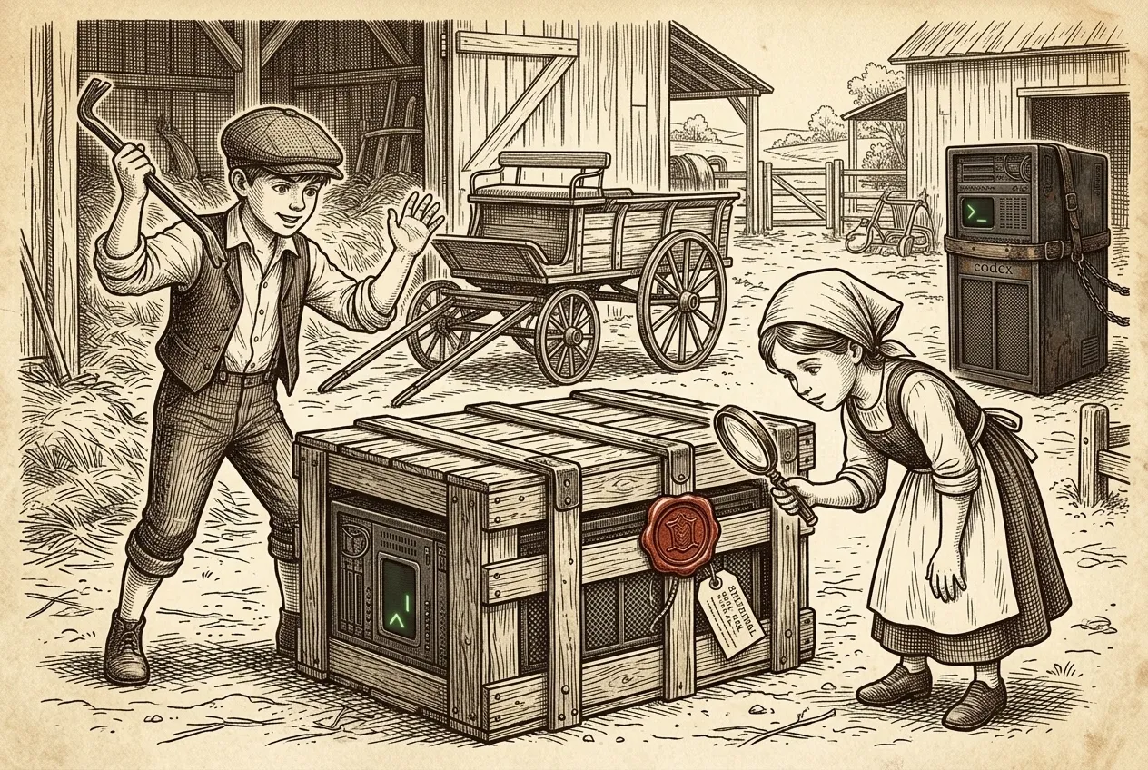 Engraving: a farm girl checks the red wax seal of a delivered crate through a magnifying glass while the farmhand waits with a crowbar; a new server cabinet peeks out between the slats.