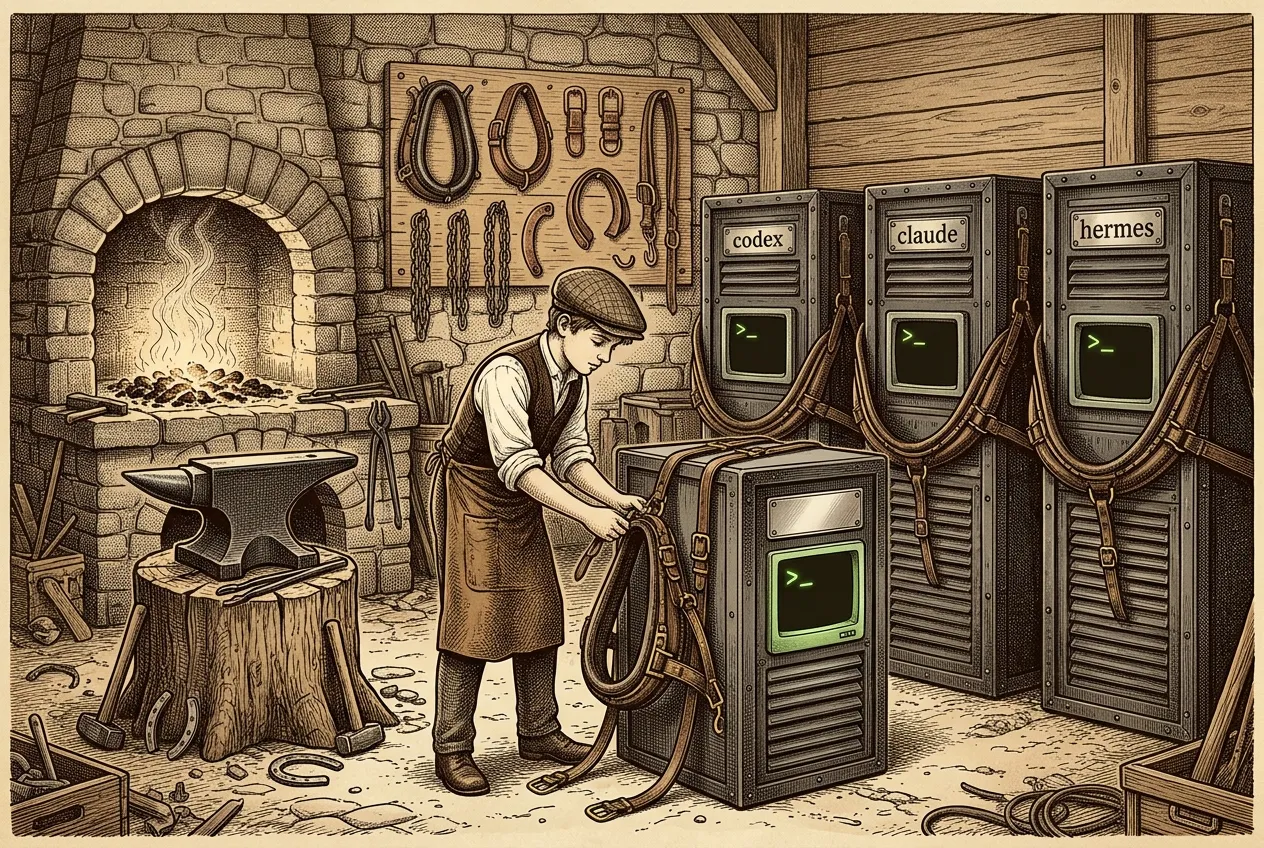 Engraving: in a blacksmith forge the farmhand, in a leather apron, fits a new harness onto a fourth server cabinet with a blank name plate, while the codex, claude and hermes cabinets stand by in theirs.