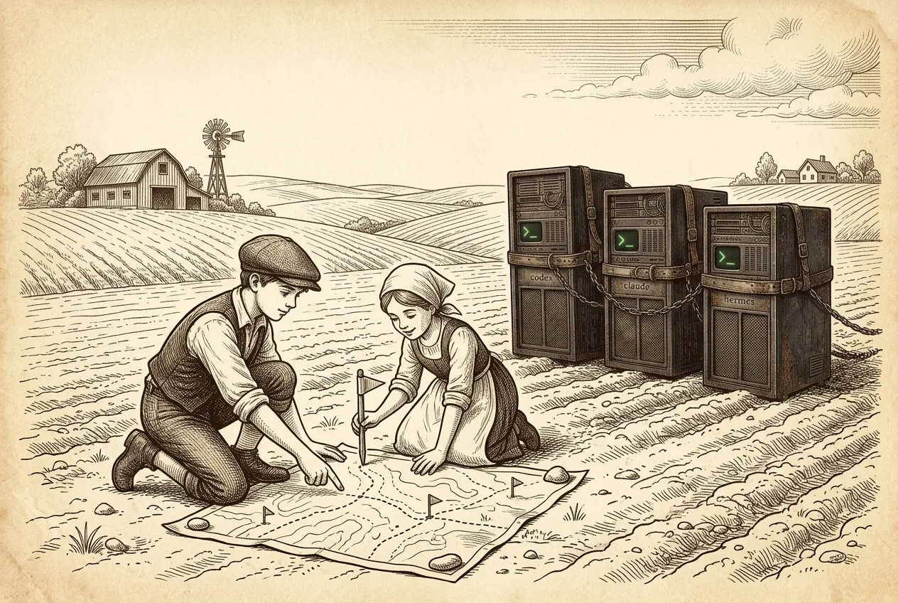 Engraving: the farmhand and a farm girl kneel over a hand-drawn map of the fields with dotted paths and little flags, and the girl plants a flag in the soil while three server cabinets wait in harness.