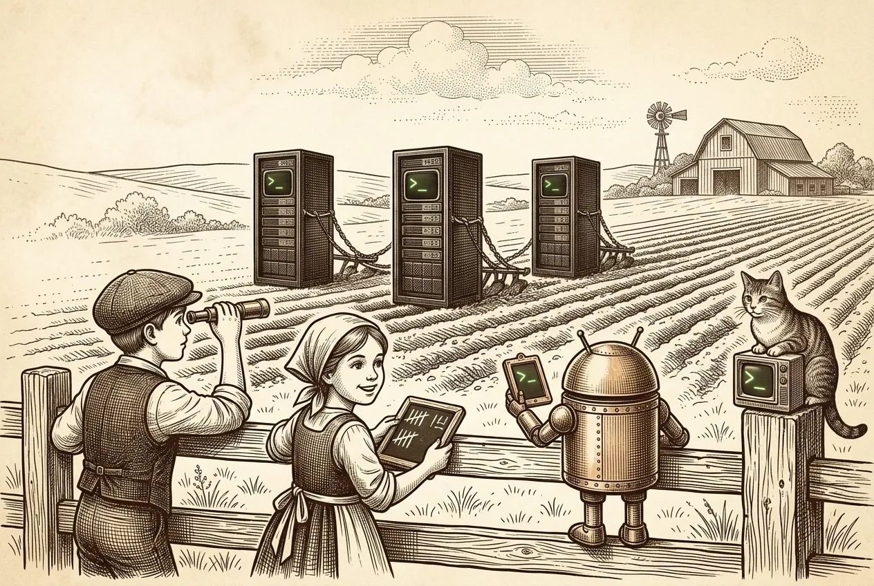 Engraving: onlookers lean on a fence to watch three server cabinets plow the field: the farmhand with a spyglass, a farm girl with a chalk slate, a copper Android robot holding a phone, and a cat sitting on a tiny terminal.