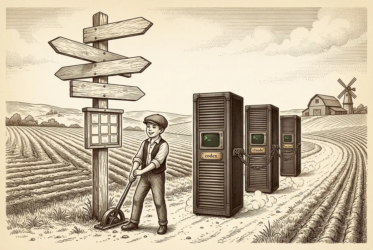 Engraving: at a crossroads signpost with many arrows and a notice board tiled into neat rectangles, the farmhand throws a switch lever, and three server cabinets march off in a row down the road he picked.