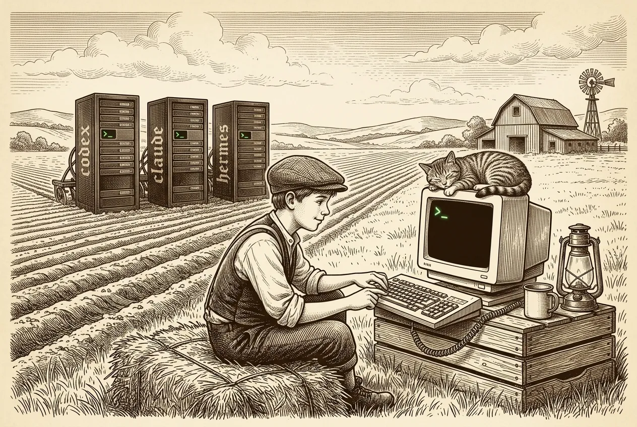 Engraving: the farmhand sits on a hay bale typing on an old green-screen terminal set on a crate, with a cat asleep on top of the warm monitor, while three server cabinets plow in the background.