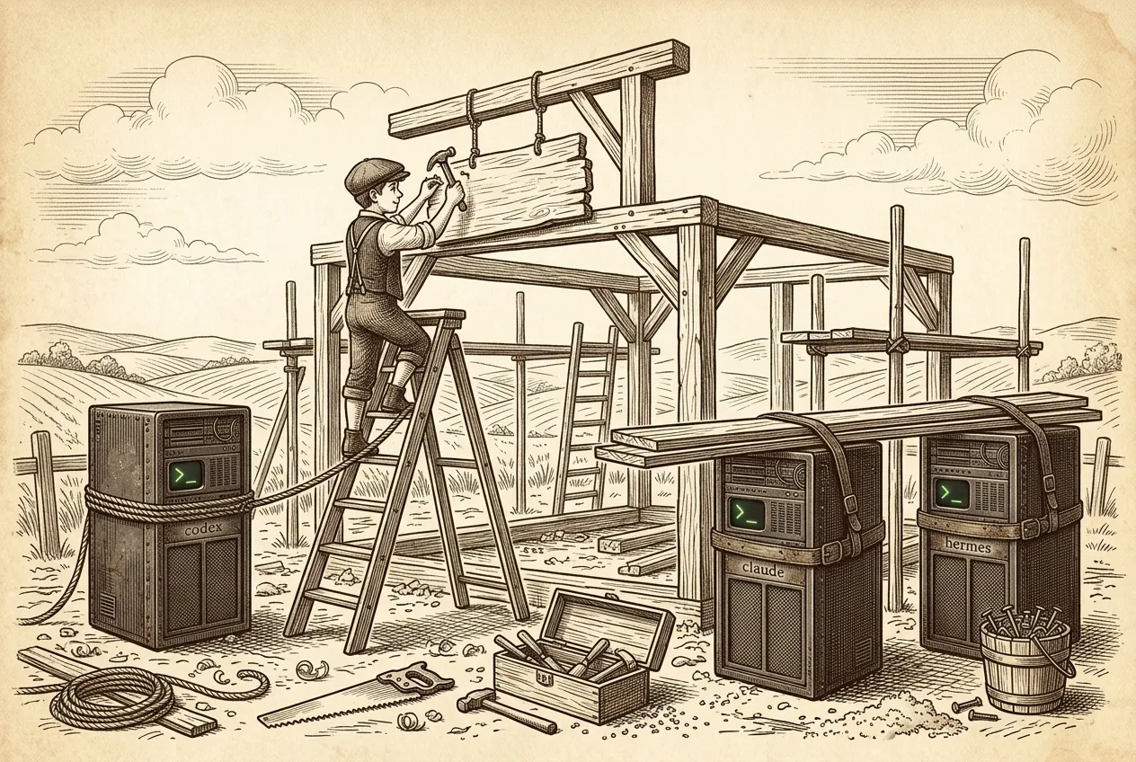 Engraving: the farmhand on a ladder nails a blank sign onto a half-built wooden stall covered in scaffolding, while the server cabinets hold the rope, carry planks and guard a bucket of nails.
