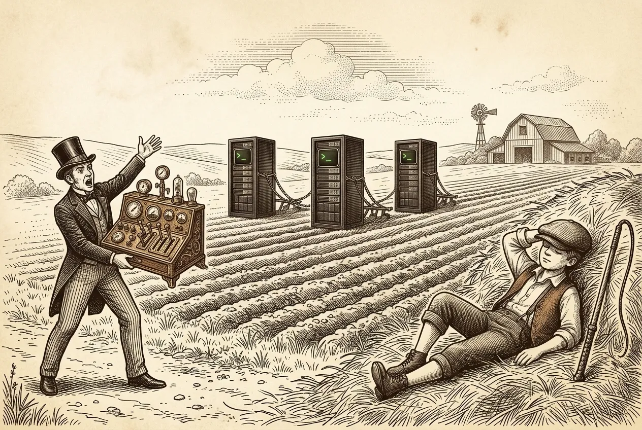 Engraving: the farmhand naps in a haystack with his cap over his eyes while three server cabinets plow straight furrows on their own. A salesman in a top hat waves an ornate console full of dials at him, and nobody looks.
