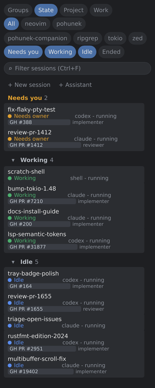 State view with Needs you, Working and Idle sections