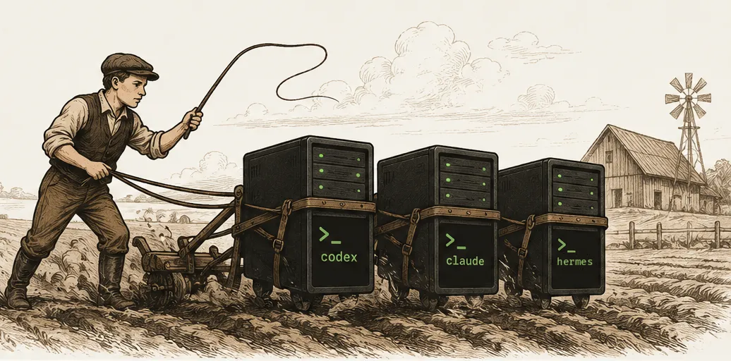 Engraving of a farmhand boy with a whip steering a plow pulled by three server cabinets labelled codex, claude and hermes.
