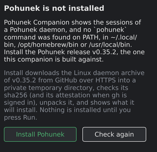 Companion setup screen offering to install pohunek because the pohunek command is missing