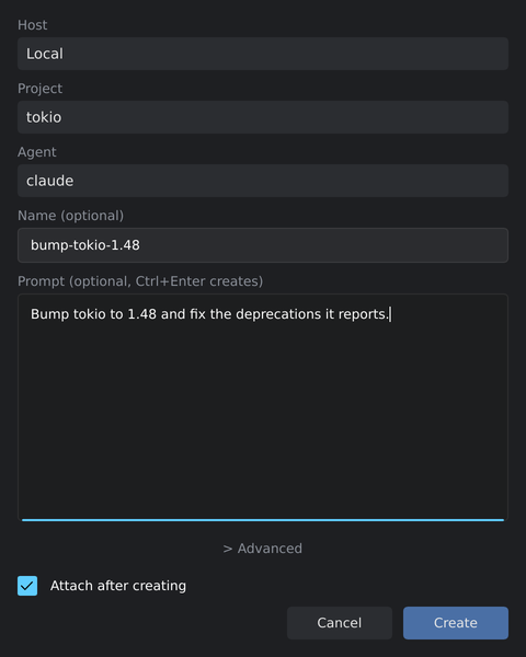 New session dialog with host, project, agent and prompt fields