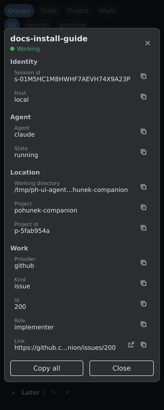 Session details view with copyable id, host, agent, state and working directory
