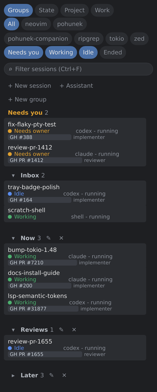 Sidebar with sessions that need the owner listed first, followed by groups of working and idle agent sessions